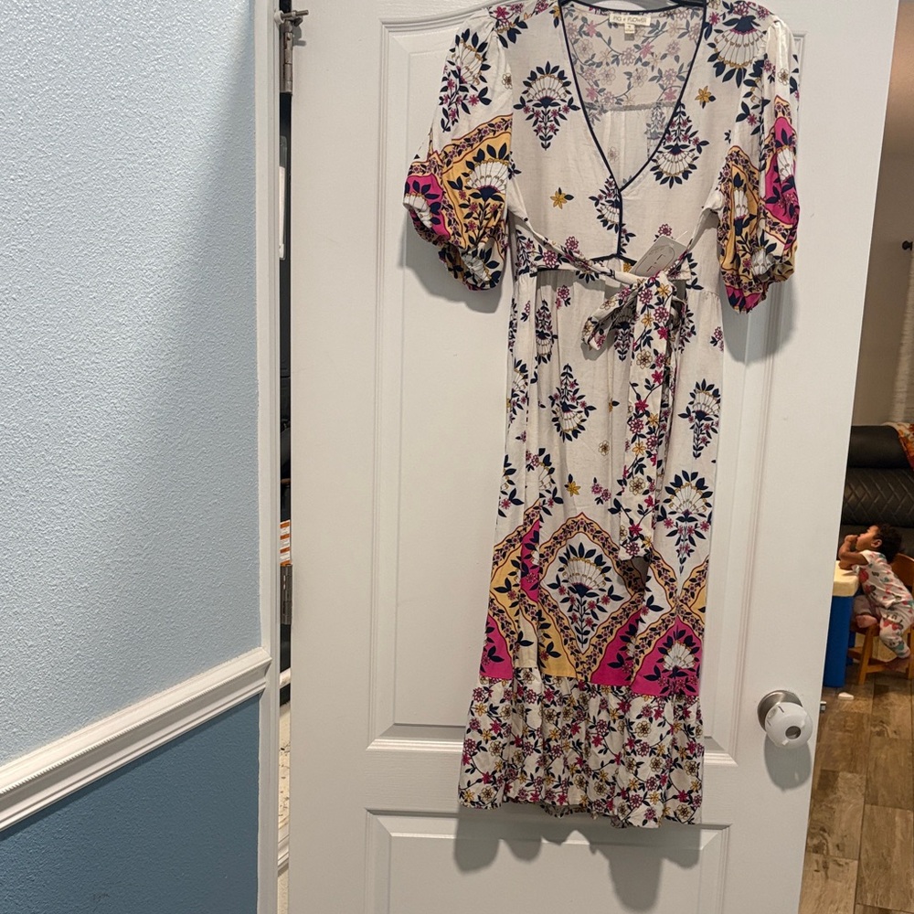 Fig and Flower Bohemian Maxi Dress with Pink and Yellow Accents